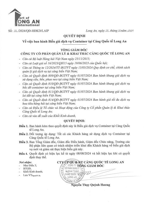 Container Service Tariff